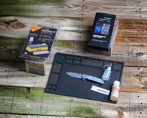 Ruike P108 knife, Smith's 2-stone sharpening kit, Heat-resistant silicone mat, Screwdriver set, Coon P.