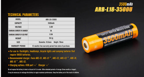 FENIX ARB-L18-3500U USB RECHARGEABLE LI-ION 18650 BATTERY